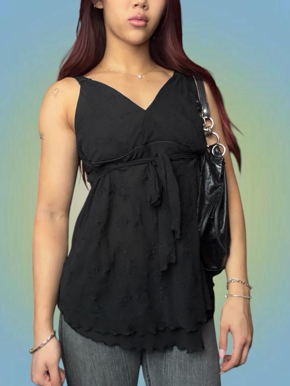 Classic Black V-Neck Tie-Waist Women's Top